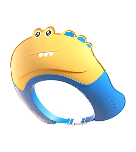 Casca de Dus, Flippy, Previne Scurgerea Apei si Samponului pe Fata, 0-12 Ani, Ajustabila, din TPE+PP, 20 x 23 cm, Model Crocodil, Galben/Albastru