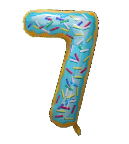 Balon din Folie Metalizata Flippy, Figurina Cifra, Imprimeu Gogosi, Tema Aniversare 100 cm, Ambalaj Individual, Pai inclus, Umflare cu Aer sau Heliu, Multicolor, Cifra 7