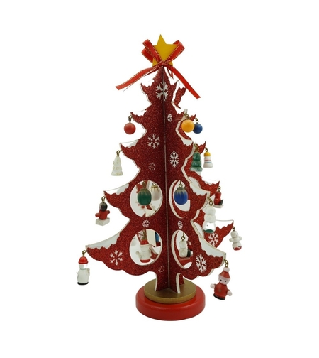 Decoratiune Craciun, Brad, Rosu/Alb, 8 cavitati cu ornamente, 18.5 cm x 33 cm, Lemn, Flippy