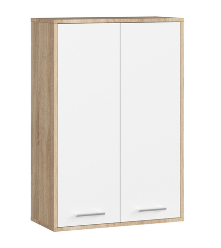 Dulap baie suspendat, cu 2 usi si 4 rafturi interioare, PAL 16 mm, 64x30x94 cm, stejar sonoma si alb