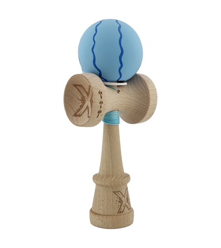 Kendama X Originala, Profesionala, Flippy, Rubber Grip, Cupe Mari KING SIZE V3, Gaura in Baza, Rulment Metalic, din lemn 18 cm, Ata 62/65 cm, Special Albastru deschis