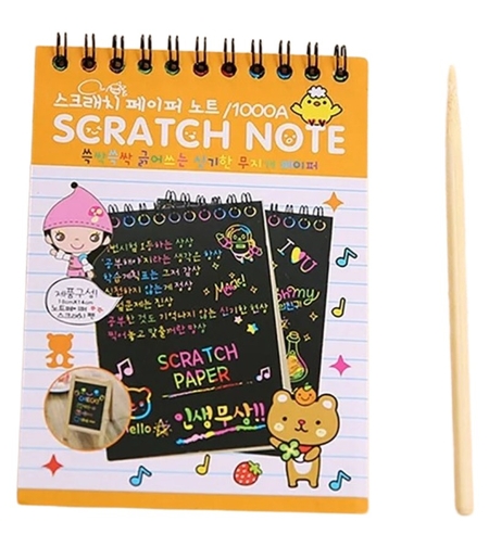 Caiet cu fise razuibile Flippy, DIY Magic Scratch, 12 File, Curcubeu, Creion din Lemn, Cartonase negre, 14.5 x 10 cm, portocaliu