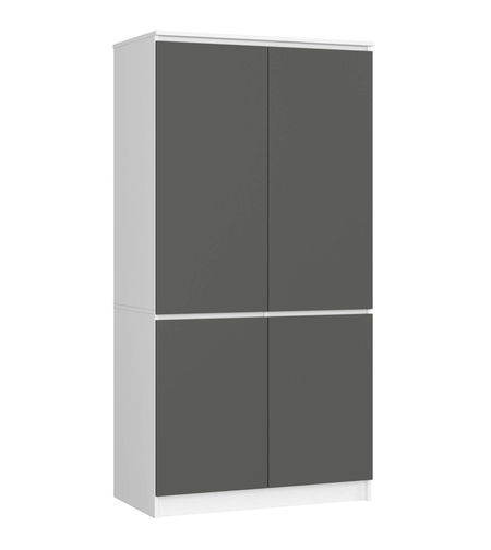 Dulap cu 4 usi, rafturi si bara pentru umerase, PAL laminat, 90x51x180 cm, alb si gri grafit