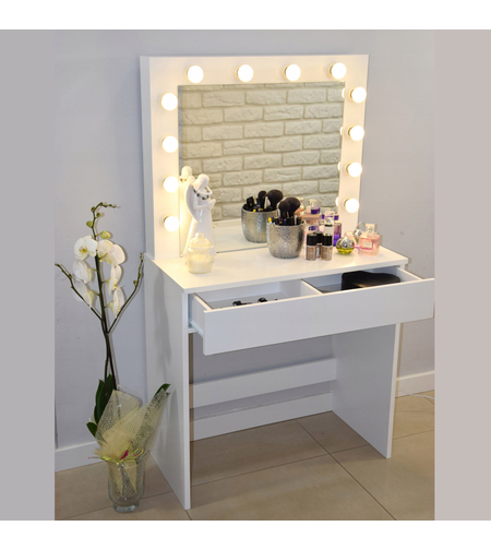 Masa de toaleta si machiaj Hollywood, alba, cu oglinda si 12 LED-uri, 80x40x140 cm