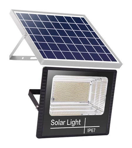 Proiector LED/Lampa solara de exterior Flippy, 22 cm x 27 cm, Rezistent la Apa IP67, cu Panou Solar, 220LED SMD, 100W, Senzor de lumina, Timer, cu Telecomanda, 2 moduri de iluminat, kit montaj inclus, Lumina Rece
