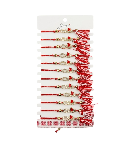 Martisor Bratara cu Ciucure pentru Dama, Jolie, Model Infinit cu Fluture, Set 12 bucati, Pandativ din Inox cu Pietre, Snur Reglabil, Rosu/Alb