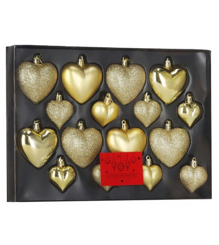 Set globuri decorative in forma de inima, 16 bucati, plastic, 4-7 cm, auriu