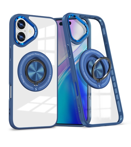 Husa de Protectie TPU, Vafy, pentru iPhone 16, cu Incarcare Wireless, Tehnologie Magsafe, Inel Magnetic Rotativ cu Functie de Suport, Transparent-Albastru Inchis