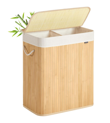 SONGMICS Cos rufe din bambus cu 2 compartimente, sac detasabil, 100 litri, 52x32x61 cm, maro natur