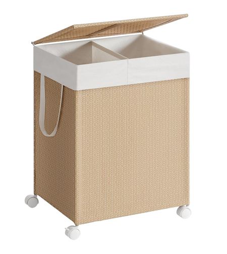 SONGMICS Cos rufe din tesatura tip ratan, 100L cu 2 compartimente si roti, 47x38x65 cm, bej natur