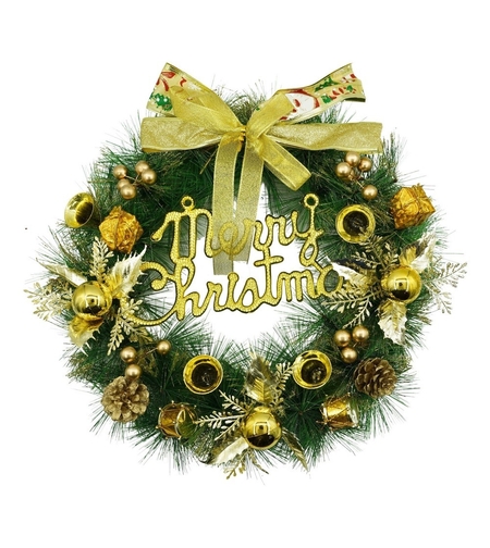 Coronita de Craciun pentru usa, Verde/Auriu, 40 cm, PVC, Artificiala, Decorata, Interior/Exterior, Flippy