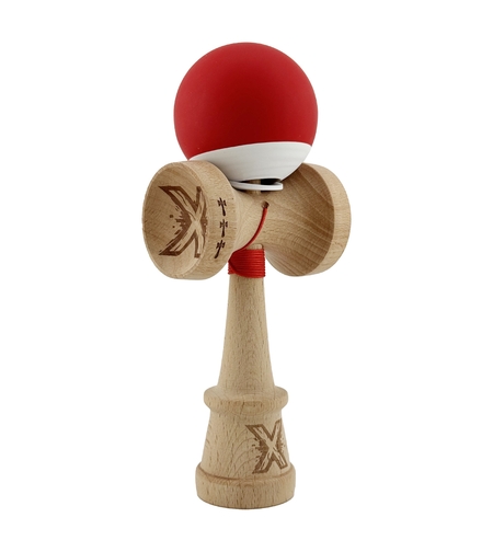 Kendama X Originala, Profesionala, Flippy, Rubber Grip, Cupe Mari KING SIZE V3, Gaura in Baza, Rulment Metalic, din lemn 18 cm, Ata 62/65 cm, Bicolor Rosu/Alb