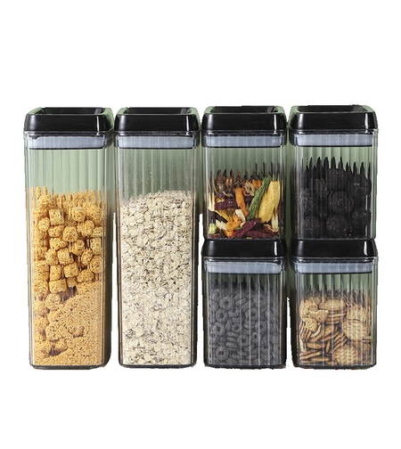 Set 6 Recipiente din Plastic, Flippy, pentru Alimente/Obiecte, Inchidere Ermetica, Textura Ondulata, 4 x 1.5l, 2 x 3.3l, Transparent