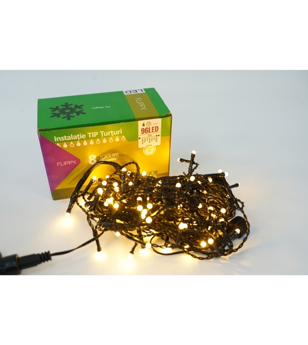 Instalatie de Craciun Flippy® Tip Turturi, 8 jocuri de lumini Sectiune 3 m, 96 LED-uri, Interconectabila, Fir Negru, Alb Cald