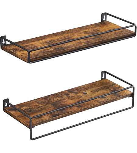VASAGLE Set 2 rafturi perete cu bara metalica, stil industrial, 40x16x9 cm, maro rustic
