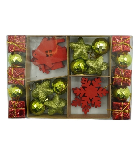 Set de 24 ornamente de brad, Flippy, de tip Glob, Rosu/ Auriu, din polistiren, cu finisaj sclipitor , cutie 3 cm adancime x 20 cm lungime x 14 cm inaltime