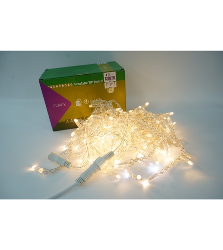 Instalatie de Craciun Vafy® Tip Turturi, Franjuri cu Flash, IP65, Sectiune 5 m, 120 LED-uri, Interconectabila, Fir Transparent, Alb Cald, Interior/Exterior