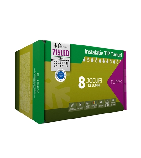 Instalatie Craciun, 25 m, 715 Led-uri ,Franjuri, Albastru, 8 jocuri de lumini, Transformator cu telecomanda, Interconectabila, Prelungitor 3 m inclus, Fir Alb, Flippy