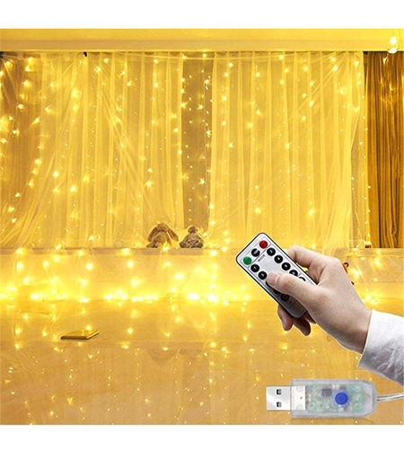 Instalatie Craciun, Tip Perdea IP44, 3m x 1m, 100 Led-uri, Alb cald, USB si telecomanda cu 8 functii, Vafy