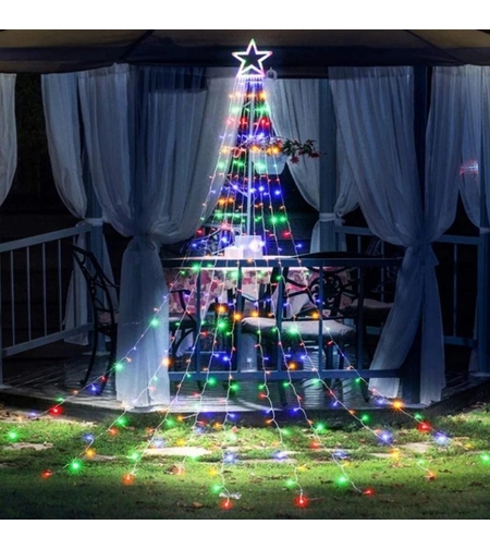 Instalatie luminoasa tip perdea pentru pomul de Craciun, cu stea luminoasa, 350 LED-uri, incarcare solara, interior/exterior, lumina multicolora, Tree Dazzler