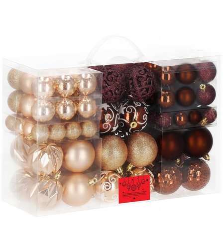 Set globuri brad si varf stea, 101 piese, plastic, 3–7 cm, maro si rose gold