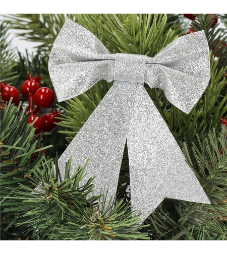 Set 4 ornamente pentru bradul de Craciun, fundita, 13cm, argintiu