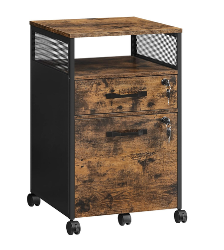 VASAGLE Dulap mobil 42x44x69 cm, cu 2 sertare si roti cu frana, compartiment deschis si suport dosare, PAL si otel, maro rustic si negru