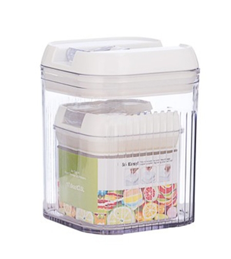 Cutii de Depozitare Alimente, Flippy, Set din 2 Cutii de tip Container, Recipiente pentru Cereale in Bucatarie, 0.5 L-10x10.5 cm, 1.3 L-12.5x12.5x16.5 cm, Transparente cu Capac Alb