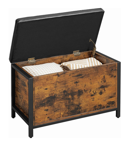 VASAGLE Banca cu lada de depozitare, perna captusita, piele sintetica neagra, 40x80x50cm, maro rustic