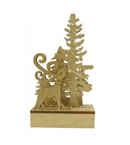 Decoratiune luminoasa, peisaj cu Cerb si Brad, maro, lungime: 11 cm, latime: 5 cm, inaltime: 19 cm, lemn, interior/exterior