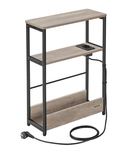 VASAGLE Masuta ingusta cu priza si porturi de incarcare USB, 3 rafturi, 45x18x58 cm, gri