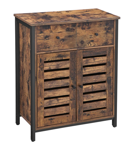 VASAGLE Comoda depozitare cu 2 sertare si polite, usi tip jaluzea, stil industrial, 30x70x80 cm, maro rustic