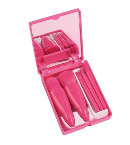 Set 5 Mini Pensule de Machiaj, Flippy, Portabile, in Carcasa cu Oglinda, din Par Sintetic Moale, Fucsia, 12x7x2.5 cm