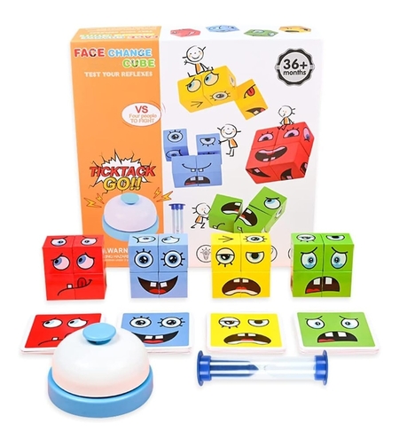 Jucarie Pentru Copii Montessori Flippy, Cub din Lemn, Asamblare Fete, 64 de Carti Distractive, Clepsidra si Clopotel inclus, pentru Baieti si Fete, Varsta +3 ani, Educativ, Cutie din carton, 21 x 21 x 5.5 cm, multicolor