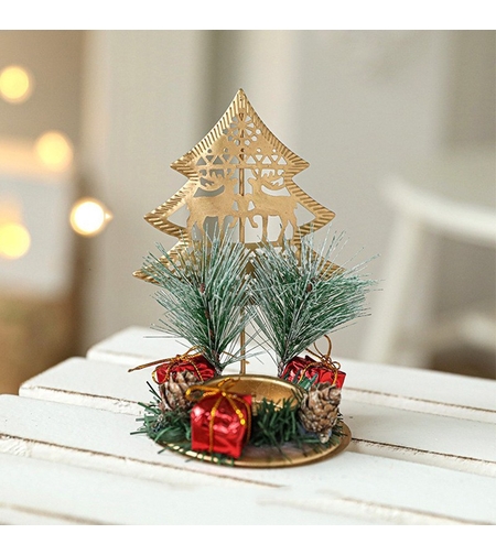 Suport Decorativ pentru Lumanare de Craciun, Flippy, Ornament pentru Lumanare pe Masa, Model Brad cu Reni si Crengute de Brad, din Art Metal, fara Lumanare 13 x 8.3 cm, Auriu