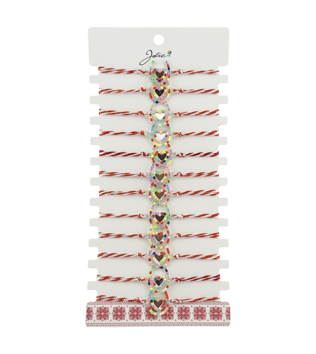 Bratara Martisor pentru Dama, Jolie, Model Potcoava Multicolora, Set 12 bucati, Pandativ Argintiu din Inox cu Elemente Multicolore, Snur Alb/Rosu