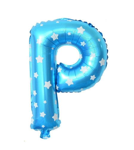 Balon Folie Metalizata Litera P, Flippy, 40 cm, Cu Imprimeu Stelute, Umflati cu Heliu sau Aer, Ambalaj Individual, Pai inclus, Albastru