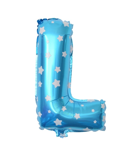 Balon Folie Metalizata Litera L, Flippy, 40 cm, Cu Imprimeu Stelute, Umflati cu Heliu sau Aer, Ambalaj Individual, Pai inclus, Albastru