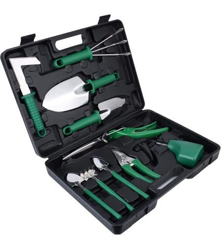 Set 10 Unelte de Gradina, Flippy, pentru Plantare Prelucrare Sol si Ingrijire Plante, Manere Verzi, Material PVC si Otel Inoxidabil, Cutie Inclusa, 37x28x7 cm, Negru