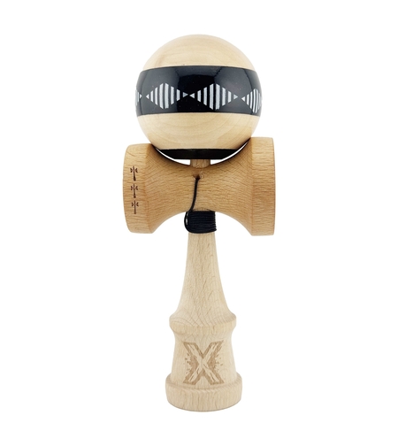 Kendama X FREQUENCY Originala, Profesionala, Flippy, Big Cups V2, Super Sticky cu Cupe Mari, Rulment Metalic, din lemn 18 cm, Ata 55 cm, Negru/Maro
