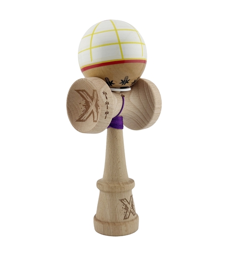 Kendama X Originala, Profesionala, Flippy, Legendary Glob, Cupe Mari KING SIZE V3, Super Sticky, Gaura in Baza, Rulment Metalic, din lemn 18 cm, Ata 62/65 cm, Alb/Galben/Rosu