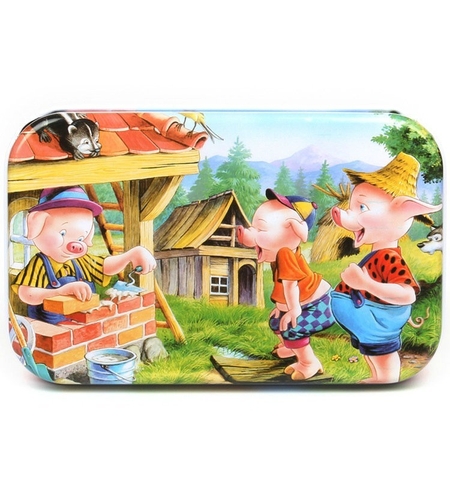 Puzzle 60 de Piese din Lemn in Cutie Metalica, Flippy, Model Cei Trei Purcelusi, Educativ, Dezvoltare Abilitati Cognitive, pentru Prescolari, 22.5x13.5 cm, Multicolor
