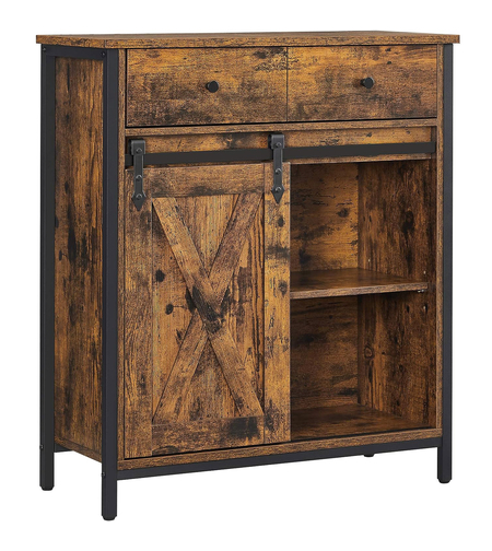 VASAGLE Comoda pentru living sau bucatarie, cu 2 sertare si usa glisanta, rafturi reglabile, stil rustic, 30x70x80cm, maro si negru