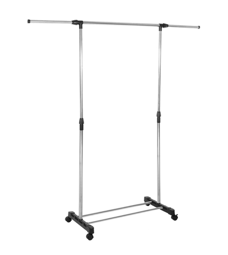 Suport pentru haine pe roti, reglabil pe inaltime si latime, din aluminiu cromat, 160x45x150cm, argintiu