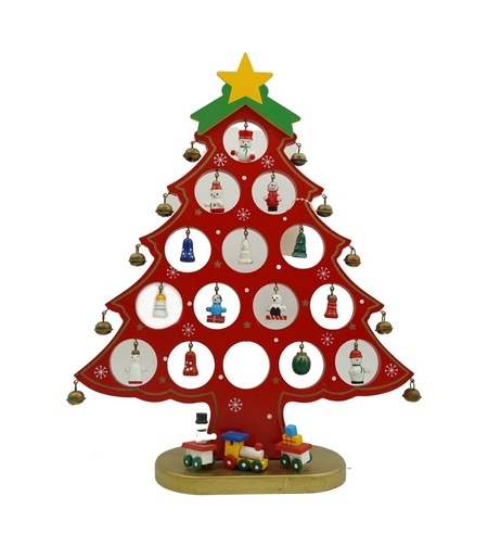 Decoratiune Craciun, Brad, Rosu, 15 cavitati cu ornamente, 25.5 cm x 33 cm, Lemn, Flippy