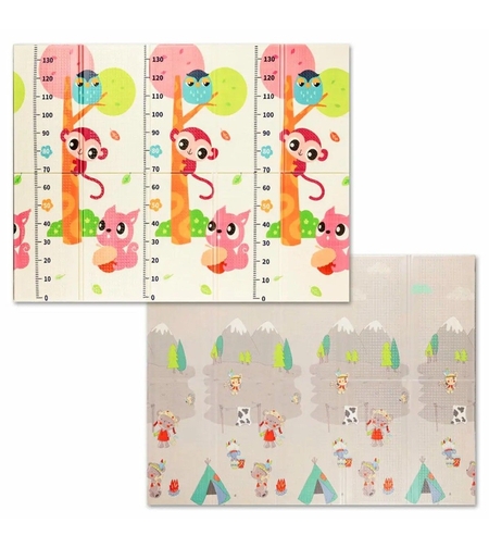Covoras pentru Copii, Flippy, cu 2 Fete, Model Maimute/Indieni, din XPE+PE, Impermeabil, Antiderapant, Protectie Termica, +3 Luni, Pliabil, 150 x 200 x 1 cm, Multicolor