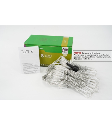 Sectiune Instalatie de Craciun Vafy Tip Perdea, 8 jocuri de lumini, 2m x2 m, 240 LED-uri, Interconectabila, Fir Transparent, Alb-cald