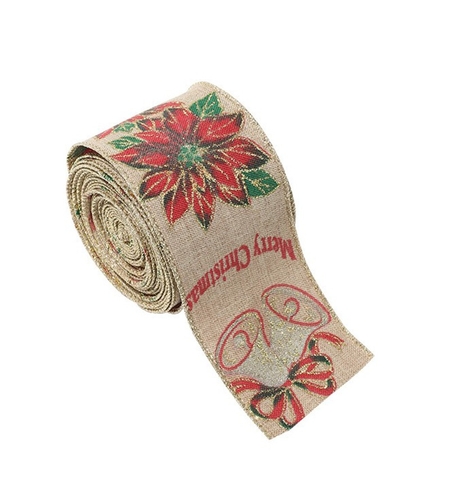 Panglica Decorativa pentru Craciun, Flippy, Ornament pentru Brad de Craciun, Pretreceri, Panglica cu Design Floare Rosie si Merry Christmas, 200 x 6.3 cm, Khaki