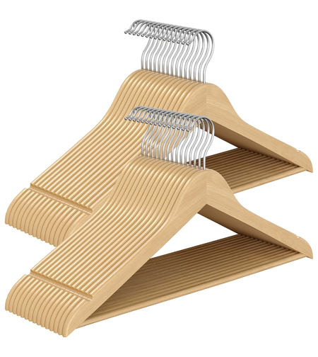 SONGMICS Set de 30 de umerase din lemn, carlige rotative 360°, cu bara pentru pantaloni, 43 cm, natur