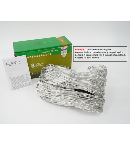 Sectiune Instalatie de Craciun Vafy, Tip Plasa, 320 LED-uri, 3 m x 3 m, 8 jocuri de lumini, Interconectabila, Fir transparent, Alb rece